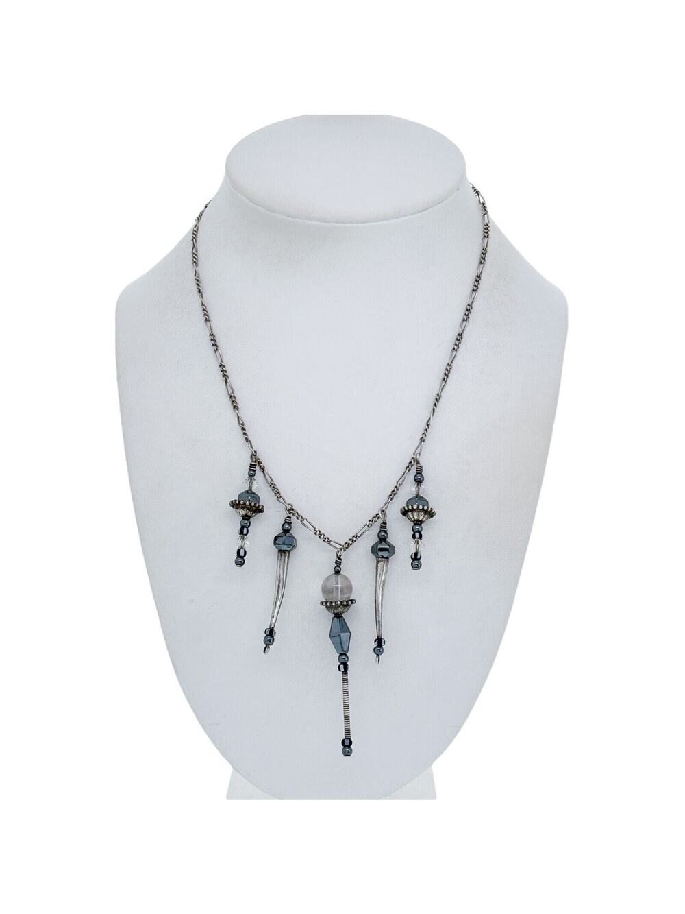 Vintage Sterling Silver 925 Quartz Hematite Crystal Dangle Bib Necklace 16"